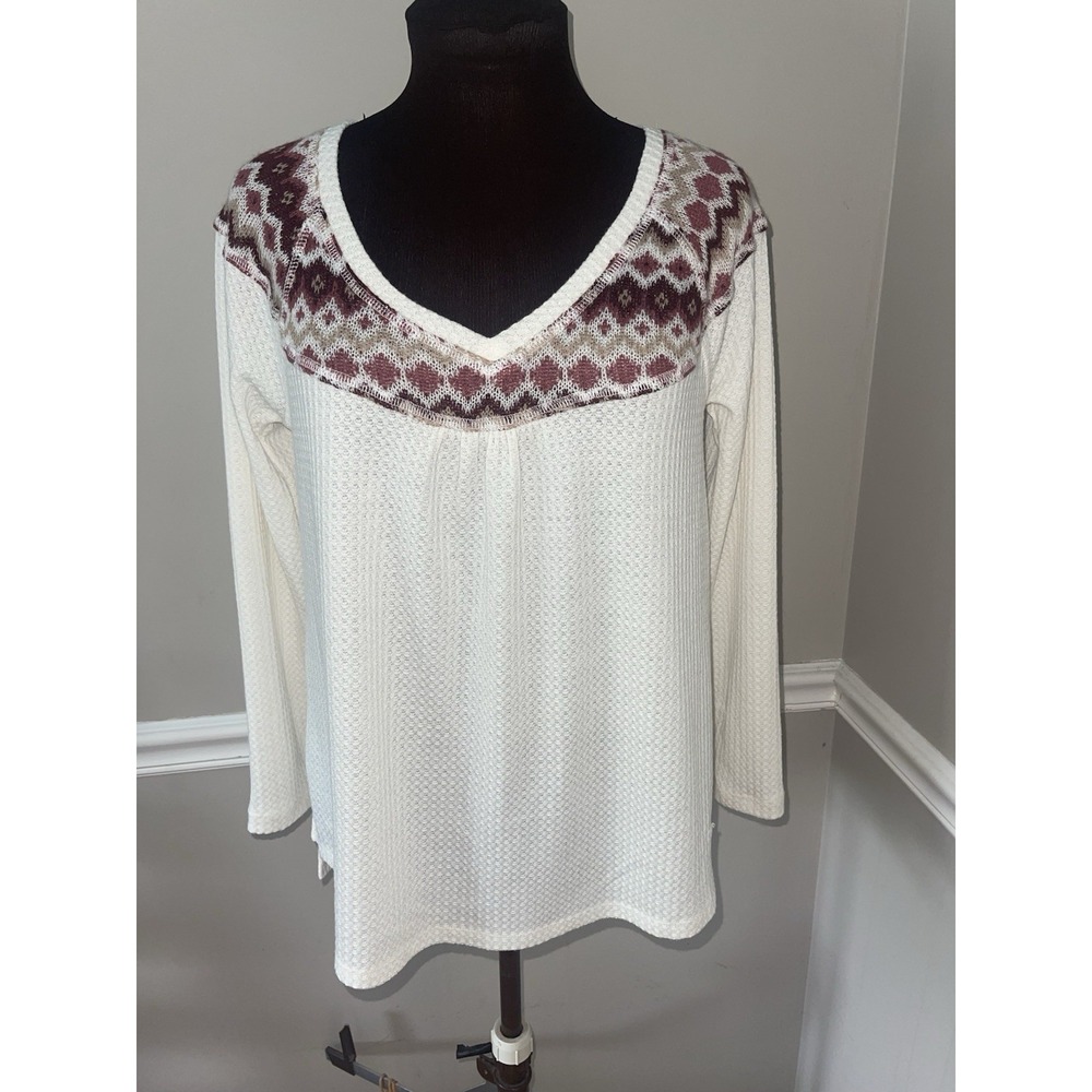 Massini Waffle V Neck Cream Shirt Womens M